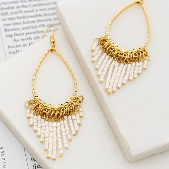 NEW Tear Drop Hoop Beaded Tassel Fringe Drop Statement Earrings Black Ivory Pink - Picture 8 of 9